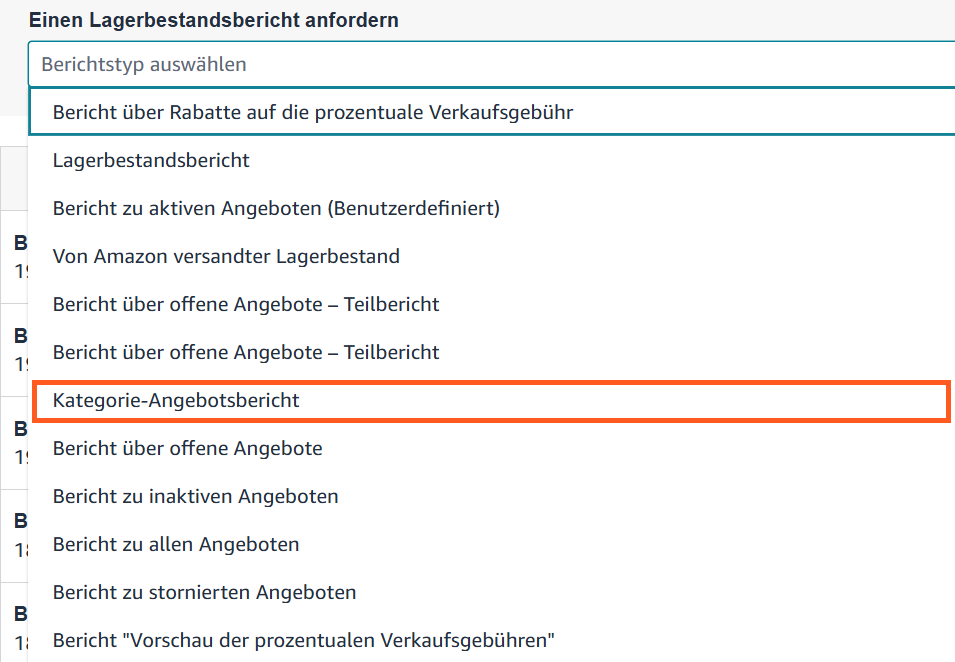 Auswahlliste der Lagerbestandsberichte in Seller Central, Kategorie-Angebotsbericht markiert