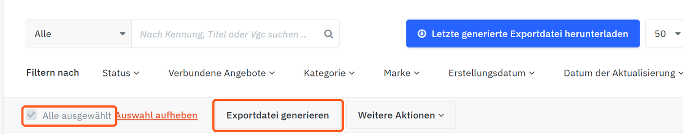 Auswahlleiste: Alle ausgewählt und Exportdatei generieren markiert
