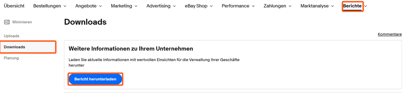Verkäufer-Cockpit Pro: Berichte, Downloads und Bericht herunterladen markiert