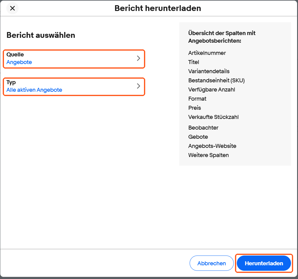 Fenster Bericht herunterladen mit Quelle Angebote, Typ Alle aktiven Angebote und Herunterladen markiert
