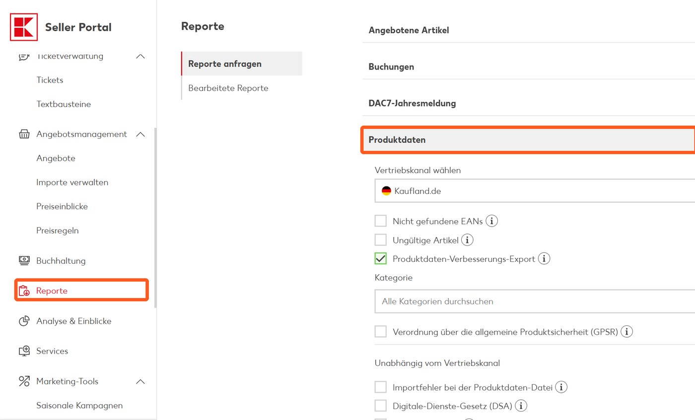 Kaufland Seller Portal: Menüpunkt Reporte und Bereich Produktdaten markiert