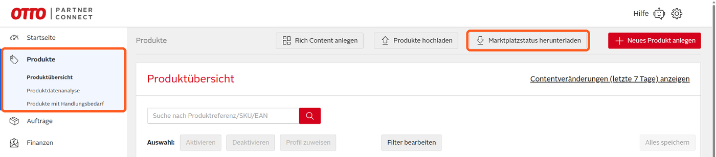 Otto Partner Connect: Menüpunkt Produkte und Schaltfläche Marktplatzstatus herunterladen markiert