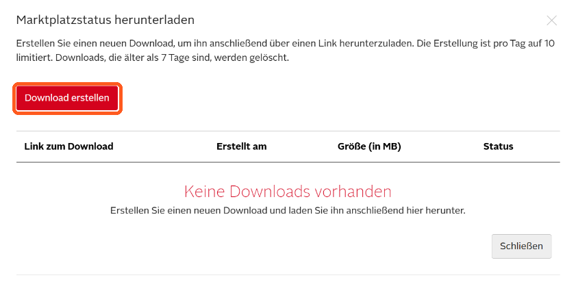 Fenster Marktplatzstatus herunterladen mit der Schaltfläche Download erstellen