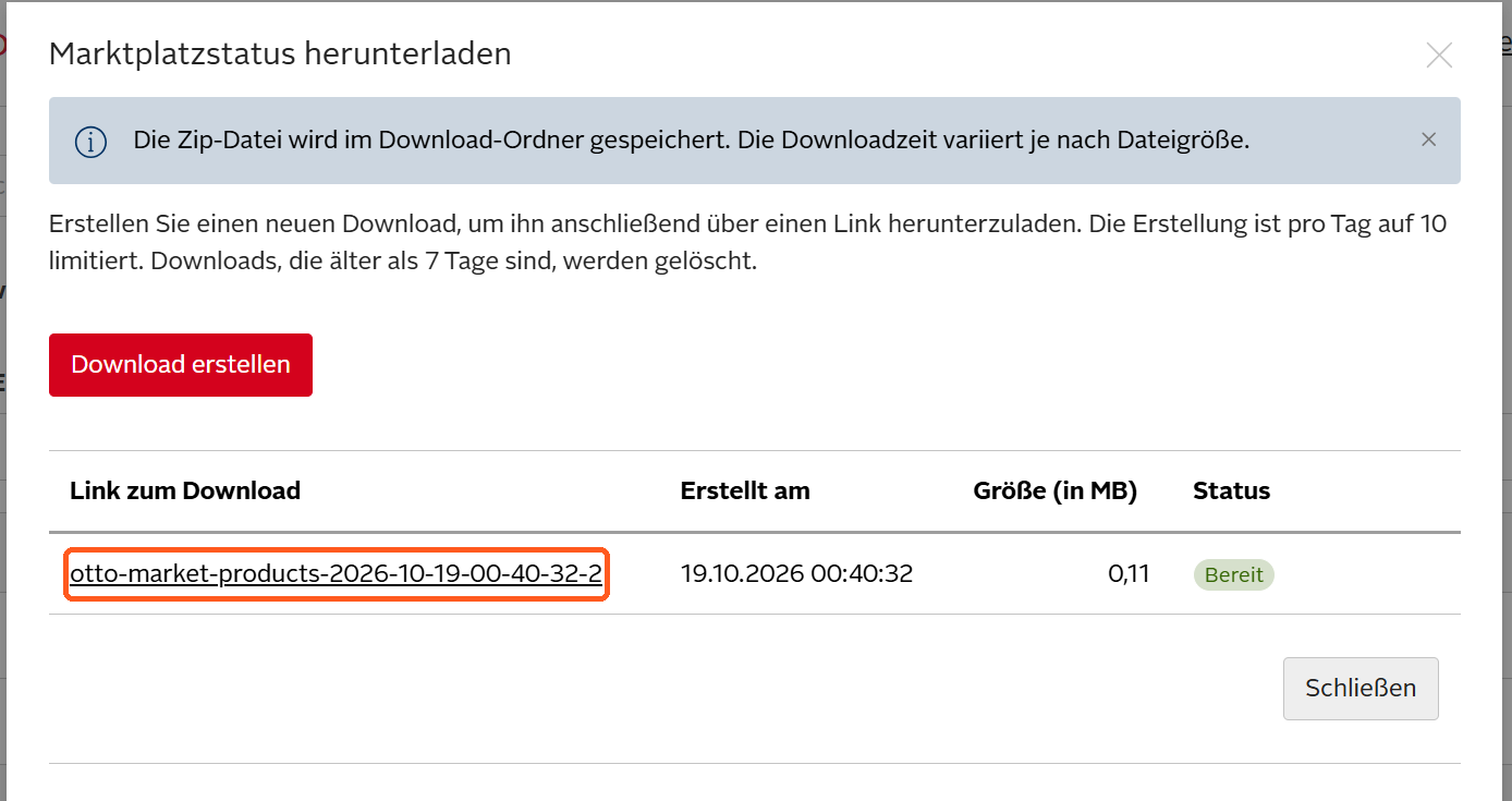 Fertiger Download mit Status Bereit, Dateiname zum Anklicken markiert