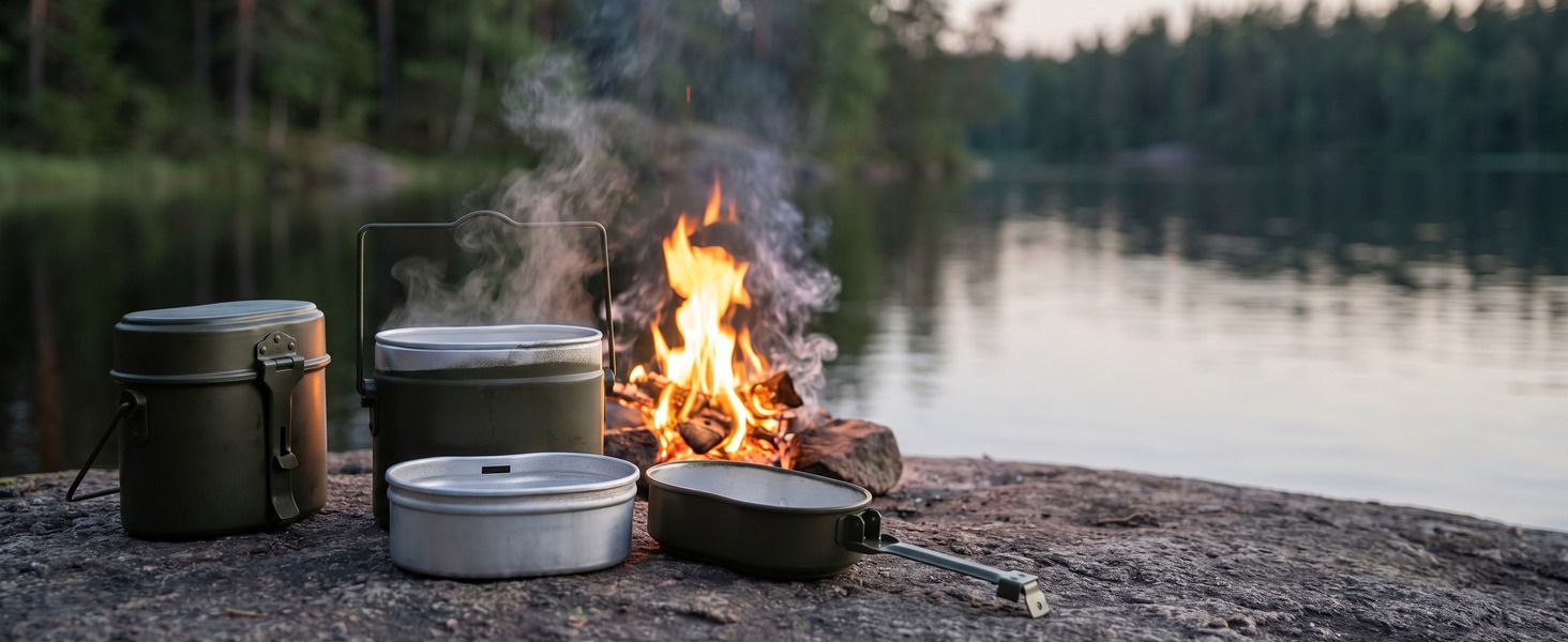 Premium A+ Hintergrundbild: Edelstahl-Kochgeschirr am Lagerfeuer am See