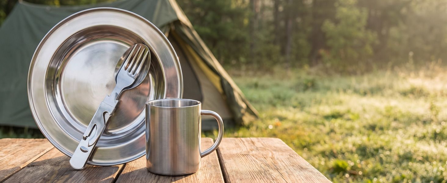 Premium A+ Hintergrundbild: Edelstahl-Campinggeschirr vor dem Zelt