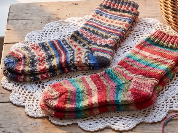Mobiles A+ Bild: bunte Strick-Socken auf einem Holztisch