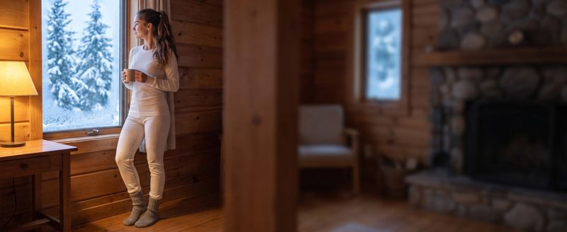 A+ Bild: Frau in Thermowäsche am Fenster einer Hütte