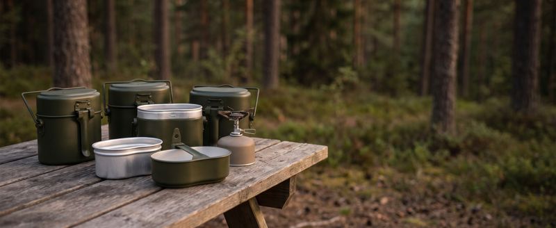 A+ Bild: Edelstahl-Kochgeschirr auf einem Holztisch im Wald