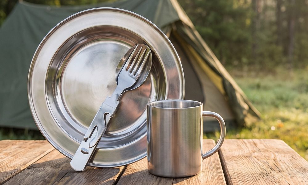 A+ Bild: Edelstahl-Campinggeschirr mit Teller, Becher und Besteck vor dem Zelt