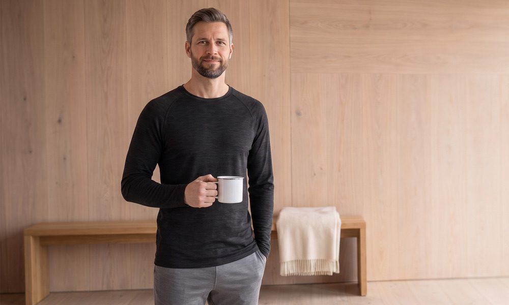 A+ Bild: Mann in Thermowäsche mit Tasse in einer Holzhütte