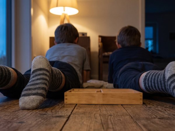 A+ Szene: Zwei Kinder spielen abends auf dem Holzboden